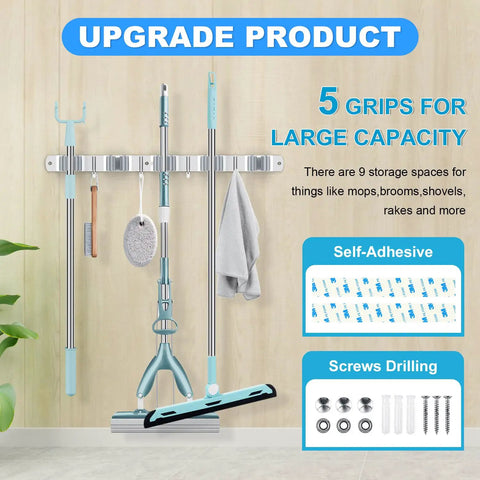 Broom and Mop Holder Wall Mount Organizer with five racks and four hooks holding cleaning tools, adhesive and screw options shown