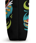 Side view of Dragon Boat Racing Tote Bag featuring colorful paddles and dragon designs on black polyester material.