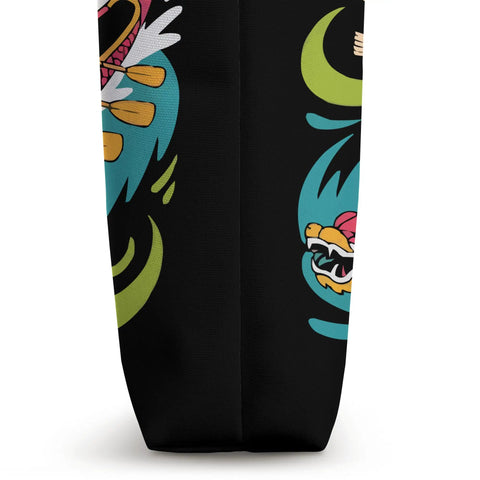 Side view of Dragon Boat Racing Tote Bag featuring colorful paddles and dragon designs on black polyester material.