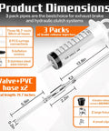 Three Piece Reverse Brake Bleed Kit With 100ml Syringe And 50cm Hose showing product dimensions and components