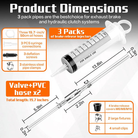 Three Piece Reverse Brake Bleed Kit With 100ml Syringe And 50cm Hose showing product dimensions and components