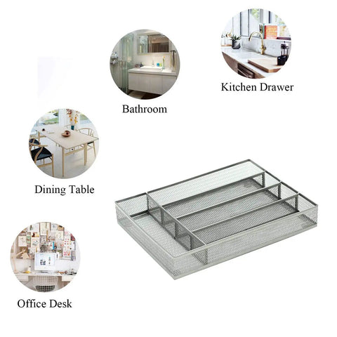 Durable Mesh Wire Cutlery Drawer Organizer with Non Slip Foam Feet Five Compartment Silverware Tray for Kitchen Storage