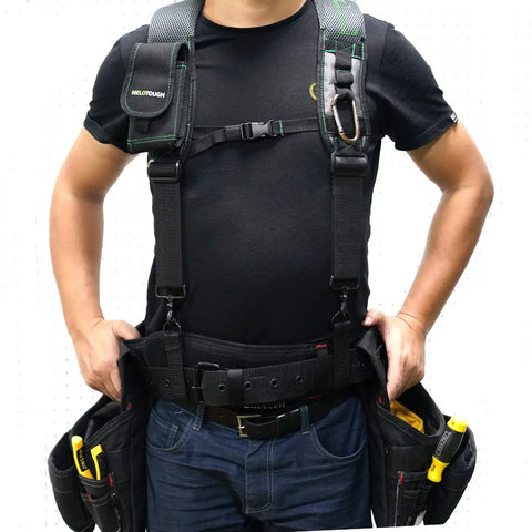Gel Padding Tool Belt Suspenders With Breathable Gel Shoulder Pad For Electricians, Construction Pros, And Farmers worn by model