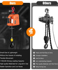Comparison image: left compact orange NOLANTISI 3-in-1 electric hoist winch; right gray industrial chain hoist.