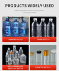 High Speed Blow Molding Machine With Automated Production And Fast Cycle Times For Customizable Capacities And Bottle Sizes And Configurations Designed For Efficient Production In Beverage And Household Bottle Applications shows PET bottles, buckets, and cosmetic bottles.