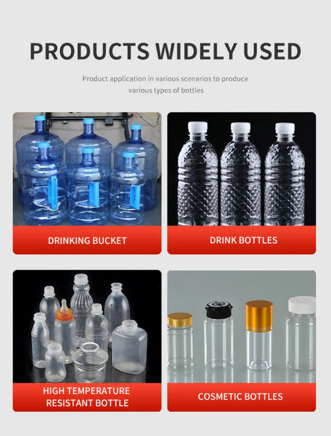 High Speed Blow Molding Machine With Automated Production And Fast Cycle Times For Customizable Capacities And Bottle Sizes And Configurations Designed For Efficient Production In Beverage And Household Bottle Applications shows PET bottles, buckets, and cosmetic bottles.