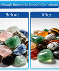 Before and after image showing rocks transformed with 8 Pound Ceramic Tumbling Media Balls For Rock Tumblers Reusable White Alumina Pellets.