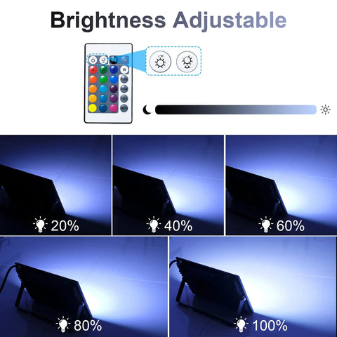 RGB LED Flood Lights 1000W Equivalent Outdoor IP66 Waterproof 2 Pack with remote showing adjustable brightness levels at 20-100%.