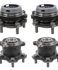 Heavy Duty Front And Rear Wheel Bearing Hub Assembly Kit For Infiniti QX60 Maxima Murano Fwd Straight Bolt Up Factory Matched No Sweat Drive Ready Build shown from different angles.