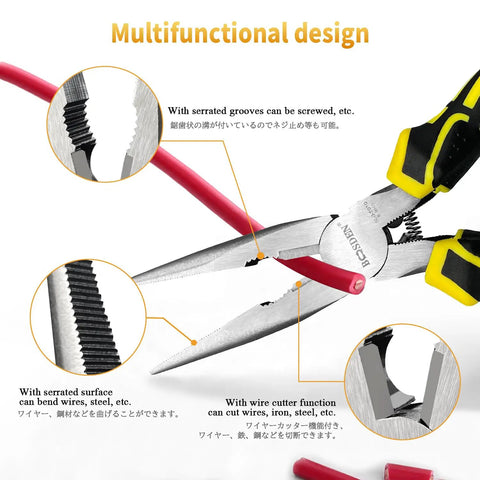 8 Inch Needle Nose Pliers With Spring Loaded Action And Side Cutters For Jewelry Making Precision Long Nose Pliers With Wire Cutters Pro Grade Heavy Duty Tool For Cutting Clamping And Pinching Small Parts In Tight Spots shown bending wire