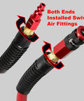Heavy Duty Red Rubber Air Compressor Hose 3/8 Inch Inner Diameter Six Feet Long With Seamless Aluminum Quick Coupler And Plug, showing swivel air fittings.