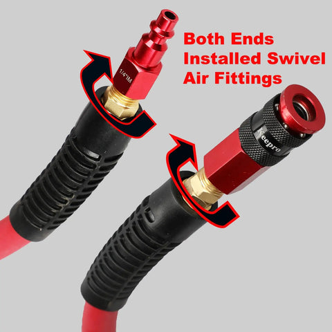 Heavy Duty Red Rubber Air Compressor Hose 3/8 Inch Inner Diameter Six Feet Long With Seamless Aluminum Quick Coupler And Plug, showing swivel air fittings.