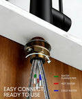 Underneath view of Kitchen Faucet 0196R showcasing black finish and hoses for water connections.