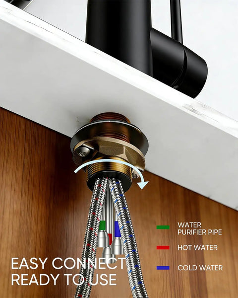 Underneath view of Kitchen Faucet 0196R showcasing black finish and hoses for water connections.