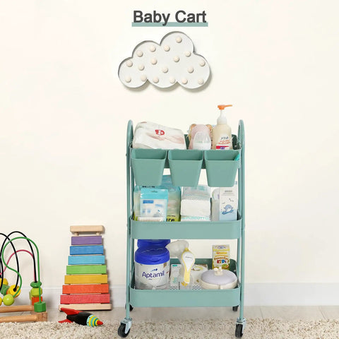 3 Tier Rolling Cart With Lockable Wheels And Hanging Cups in green, heavy duty metal, kitchen, bathroom, office, workshop use.