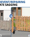 Image comparison illustrating gate sagging prevention using Heavy Duty 5 Inch Spring Loaded Gate Caster Wheel Packs in matte black.