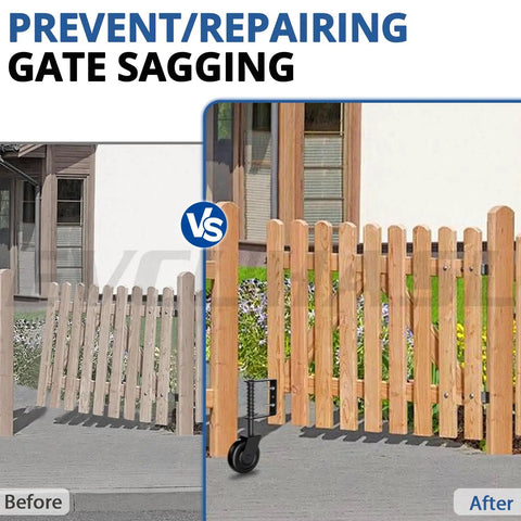 Image comparison illustrating gate sagging prevention using Heavy Duty 5 Inch Spring Loaded Gate Caster Wheel Packs in matte black.
