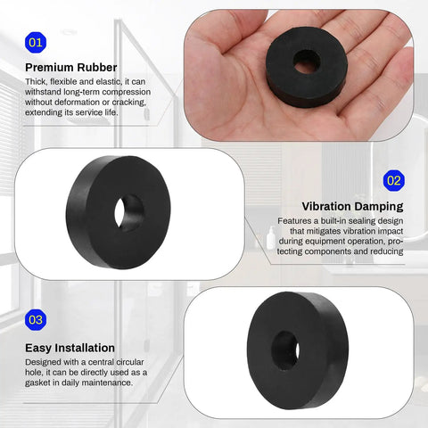 Rock Solid Rubber Spacers And Anti Vibration Washers 16 Piece Set 1.5 Inch Outer Diameter 0.5 Inch Inner Bore 3/8 Inch Thick black rubber washer with central hole.