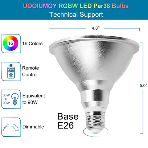 Multicolor RGB LED Par38 Flood Light Bulbs Outdoor Waterproof 1800LM 30W Equals 90W With Remote Dimmable 16 Colors 4 Modes
