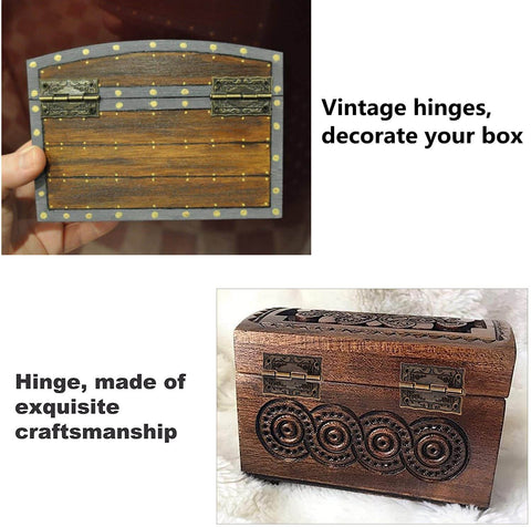 Antique Bronze Small Hinges Set 2 Pcs Engraved Decorative Hinges For Wooden Boxes Jewelry Boxes Dollhouses Gift Boxes Toy Chests Cabinets Bird Houses 1.42 Inches By 0.91 Inches Great For Gift Boxes Dollhouse Projects And Tiny Cabinet Makeovers shown on decorative boxes.