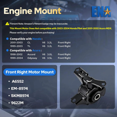 Front Right Engine Motor Mount For Honda Accord 1998 Through 2002 V6 3.0L Odyssey 99 Through 04 Acura CL And TL Rock Solid Bolt On Replacement A6552 Em8974 Daily Driver