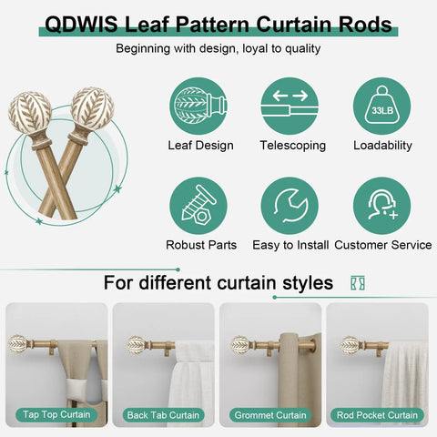 Boho Wood Curtain Rods Set For Windows 48 To 84 Inches One Inch Adjustable Heavy Duty Drapery Rod With Leaf Design Finials
