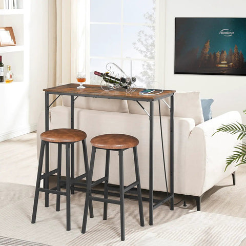 Bar Table With Built In Charging Station, Rectangular Pub Table at Counter Height, Rustic Brown and Black finish near sofa