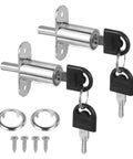 Heavy Duty Push Plunger Lock With Keys Plus Screws And Lock Rings For Drawers And Cabinets Featuring Keyed Different Security Plus Silver Finish 3/4 Inch Diameter And 1 1/4 Inch Cylinder Length To Lock Up Tight Without The Hassle, showing two locks, keys, and mounting hardware.