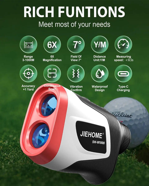 Golf Rangefinder With Slope, Flag-Lock, Vibration And Continuous Scan, 800 To 1100 Yard Laser Range Finder, Dark Red, on grass