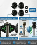 Illustration of the Front Disc Brake Caliper Pin and Rubber Bushing Kit 4 piece set with slide pins, boots, and before/after protection chart.