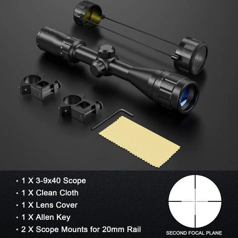 Three To Nine X Forty AO Rifle Scope With R4 Reticle And Crosshair, 20mm Mounts, lens caps, and accessories, black finish