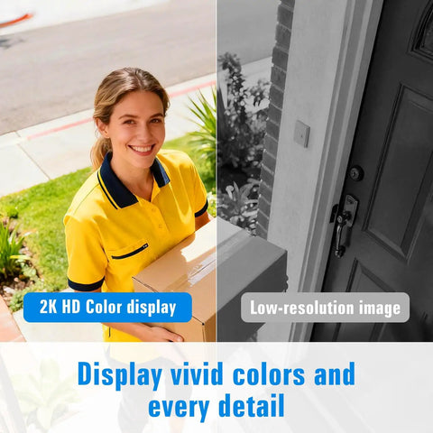 Wireless Outdoor Security Cam System With 2K HD Color Night Vision comparing high and low resolution display quality at doorstep
