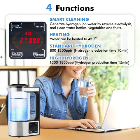 Woman using laptop with Upgraded Hydrogen Water Generator 110V With SPE And PEM Technology Delivers Dope Hydrogen Rich Water Up To 1800 PPB