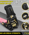 4 Pack Ratchet Tie Down Straps Kit 1 Inch By 16 Feet With 2400 Lb Break Strength Pink showcasing ergonomic handle and steel design