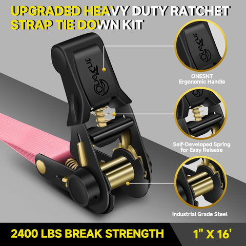4 Pack Ratchet Tie Down Straps Kit 1 Inch By 16 Feet With 2400 Lb Break Strength Pink showcasing ergonomic handle and steel design