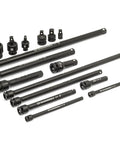 Seventeen Piece Impact Drive Tool Accessories Set For One Quarter Inch Three Eighths Inch And One Half Inch Drives With EVA Foam Tray.