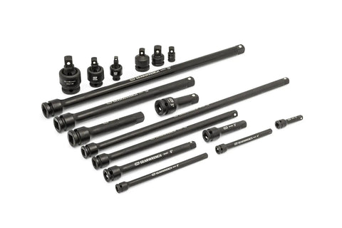 Seventeen Piece Impact Drive Tool Accessories Set For One Quarter Inch Three Eighths Inch And One Half Inch Drives With EVA Foam Tray.