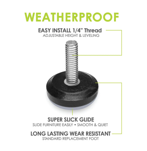 Heavy Duty Adjustable Furniture Levelers 8 Pack Weatherproof Screw In Leg Glides for Patio Chairs, 1/4 inch threaded glide with rubber base.