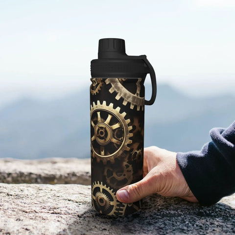 Hand holding Steampunk Gears Print Insulated Water Bottle For Gym And Outdoor Adventures Double Wall Stainless Steel Hydration Bottle