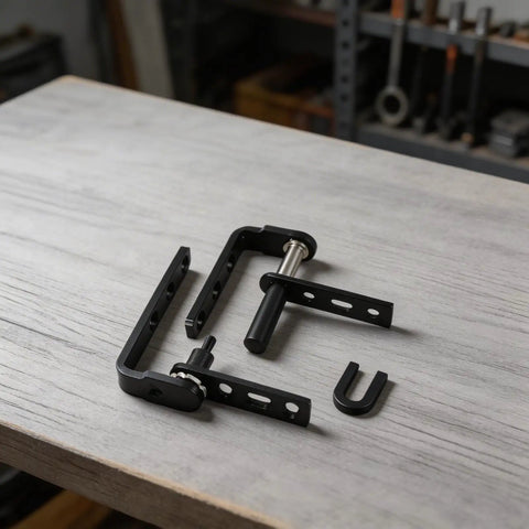 Self Returning Saloon Door Hinge in 304 Stainless Steel, laid out on wooden table with black metal components.