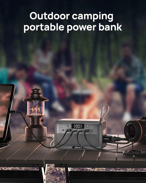 Pocket Sized Power Station With LiFePO4 Battery, 89.6Wh, 100W Continuous Output And 200W Peak on table during camping