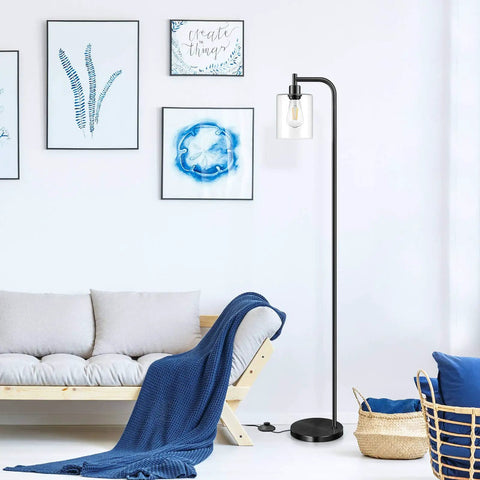 Industrial Floor Lamp With Hanging Glass Shade In Black Farmhouse Vibe, Tall Pole Light For Living Room, Bedroom Or Office, Edison E26 Base, Rustic Vintage Look, ST64 Bulb Included near modern sofa.