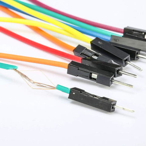 Color-coded jumper wires from the Three Pack Jumper Wires And Three Solderless Breadboard Sets With 830 Tie Point Breadboards