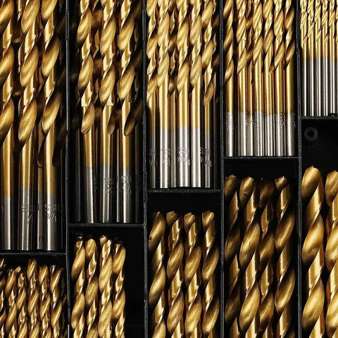 A Bang For Your Buck 99 Piece Professional Grade Drill Bit Set For Steel Wood Copper And Aluminum Alloy Includes Heavy Duty Rugged Case For All Shop Projects, close-up of assorted drill bits in a case.