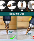 Fast Cutting M35 Cobalt HSS Step Drill Bit Set With Four Spiral Flutes and TiAlN Wear-Resistant Coating shown drilling straight and tilted