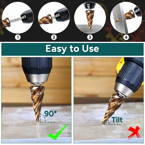 Fast Cutting M35 Cobalt HSS Step Drill Bit Set With Four Spiral Flutes and TiAlN Wear-Resistant Coating shown drilling straight and tilted