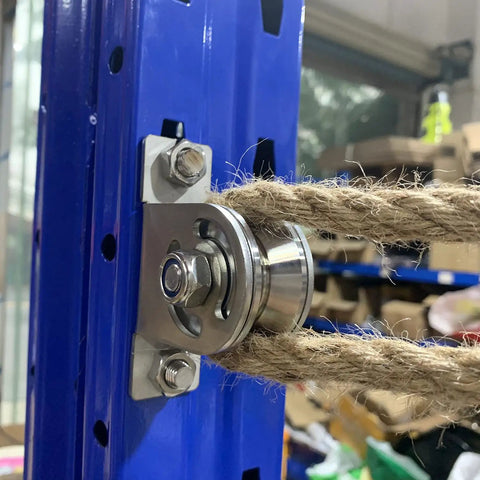 Detachable Stainless Steel V-Type Groove Sliding Wheel Roller Track Rail Fixed Pulley For rope on blue steel frame