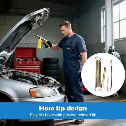 Mechanic using High Pressure Lever Style Grease Gun With 28.5cm Flexible Whip Hose in garage for auto maintenance