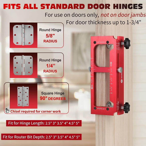 Pro Grade Aluminum Alloy Door Hinge Template Kit For Router Adjustable Mortise Jig fits all standard door hinges.