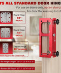 Diagram showing Door Hinge Template Kit For Router Aluminum Alloy Mortise Jig with size and corner radius details in red.